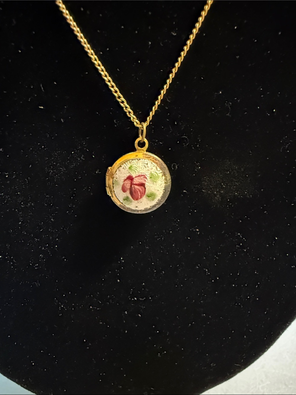 Gold-tone Floral Painted Locket Necklace - Pink Flower